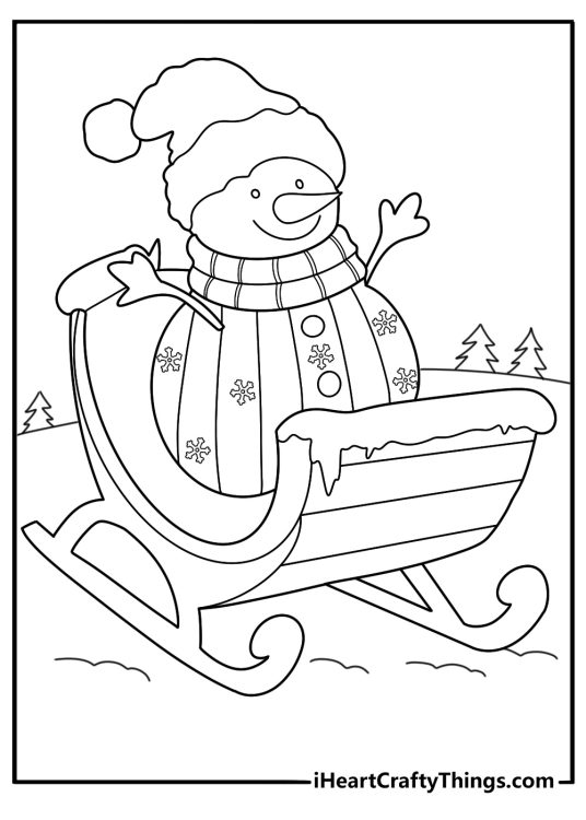 detailed snowman coloring sheet snowman in a patterned sweater beside a sled
