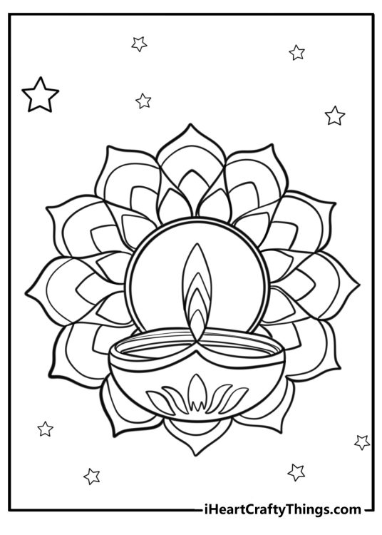 Diwali candles and rangoli detailed coloring sheet