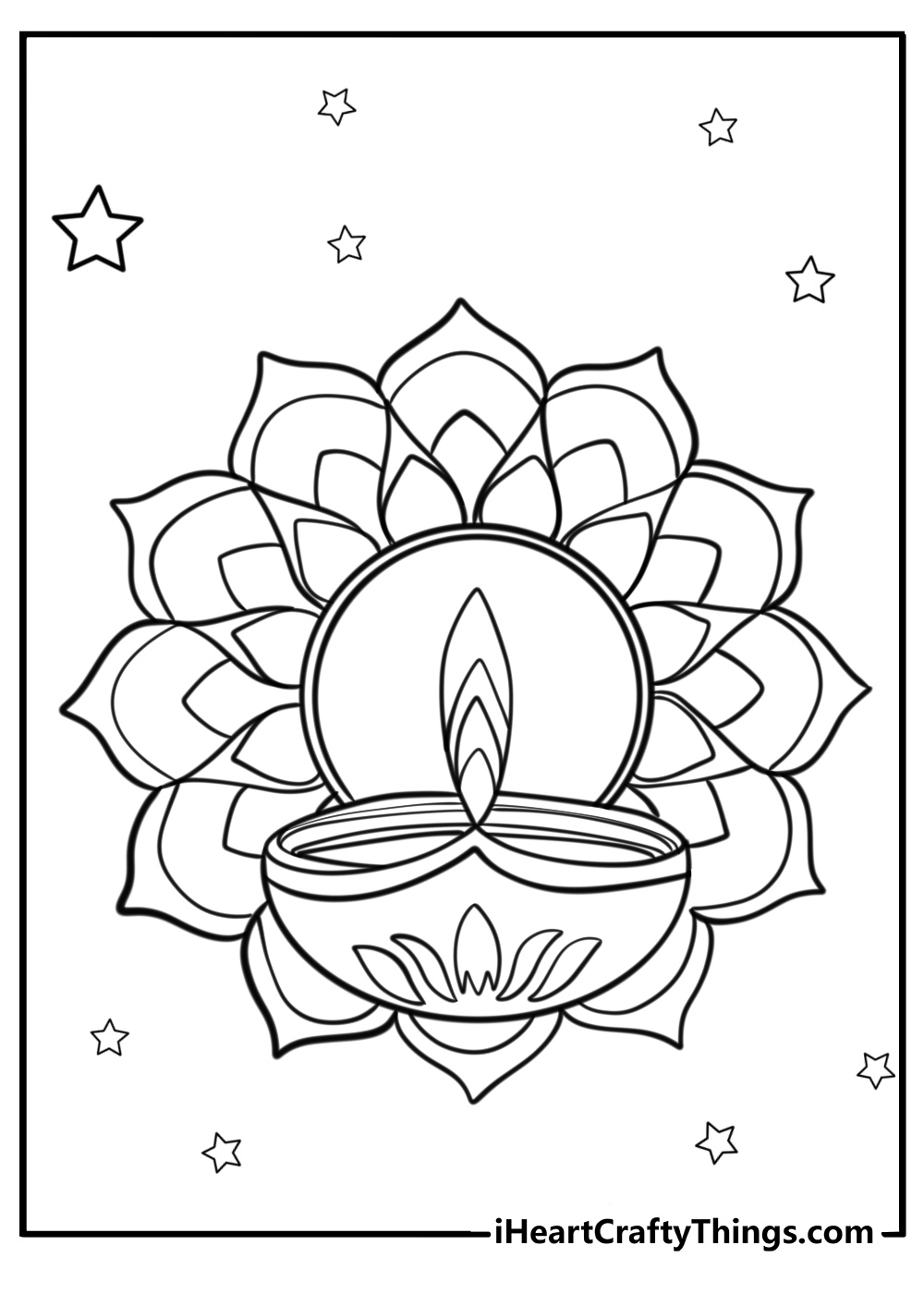 Diwali candles and rangoli detailed coloring sheet