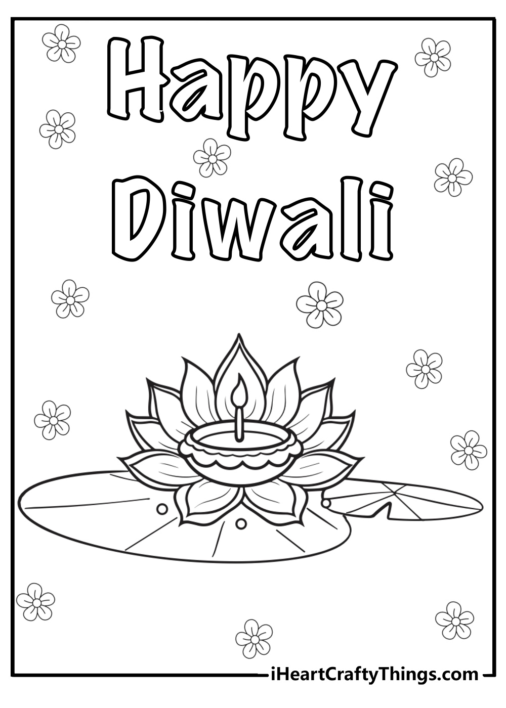 Diwali diya with floral decoration fun coloring sheet