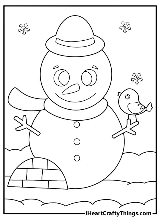 downloadable snowman coloring page snowman building a tiny snow fort