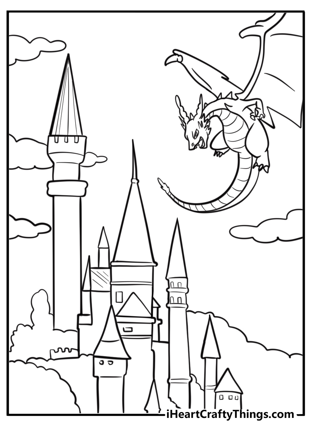 Dragon flying over a castle coloring page