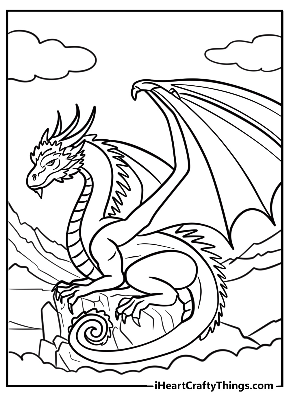 Dragon perched on a mountain free coloring page