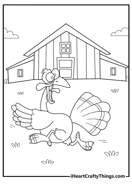 easy cartoon turkey running away from farm thanksgiving coloring sheet