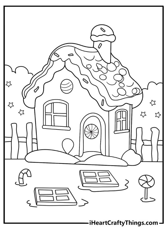 easy gingerbread house coloring page for kids with pretzel fence and wafer steps printable pdf