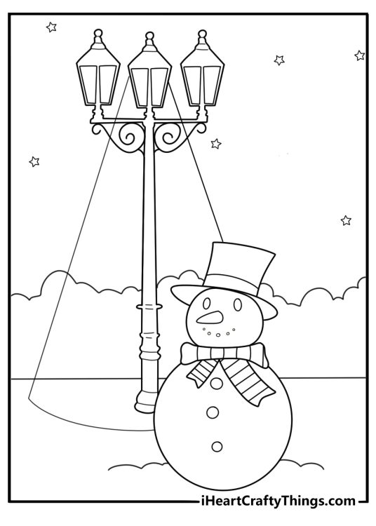 easy snowman coloring page for kids a snowman under a street lamp at night