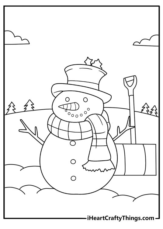 easy snowman coloring printable snowman next to a snow shovel by the porch