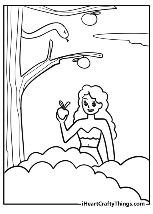 Eve holding an apple free coloring page pdf