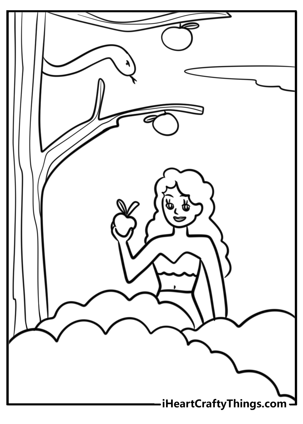 Eve holding an apple free coloring page pdf