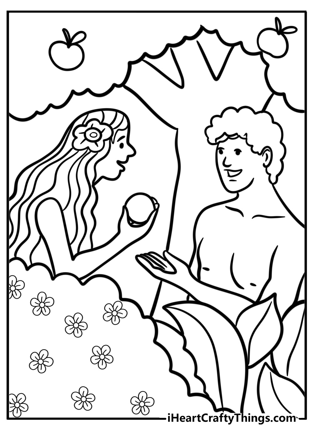 Eve offering the apple to adam detailed coloring sheet