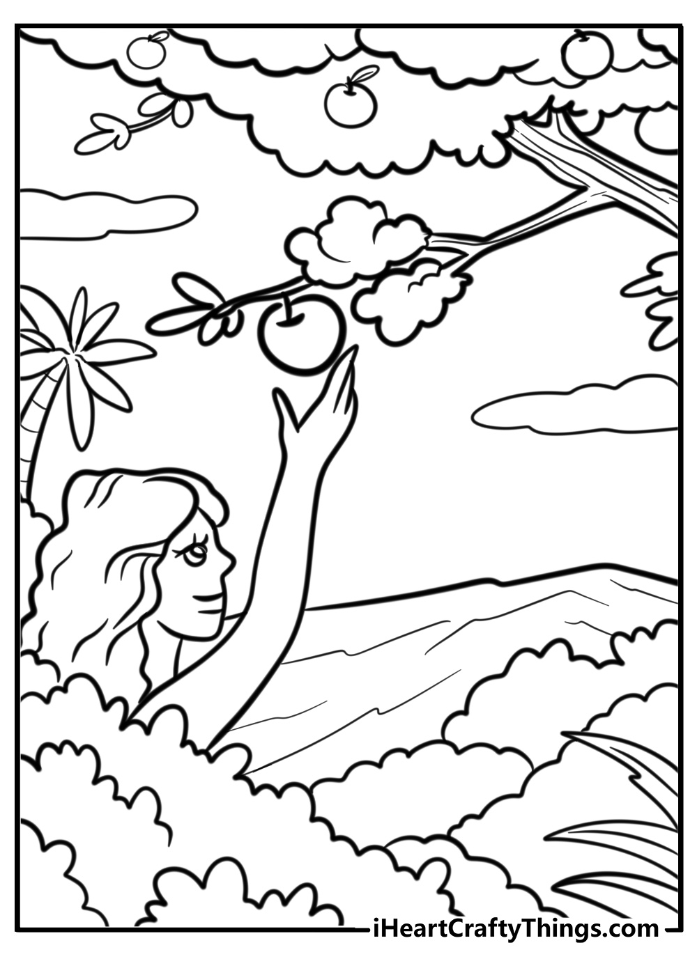 Eve reaching for the apple free coloring page pdf