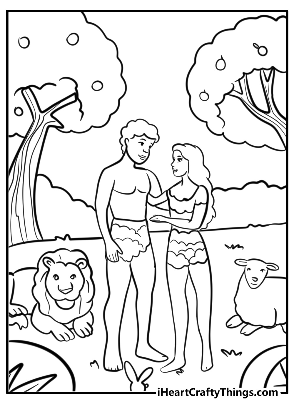 Eve surrounded by animals detailed coloring sheet