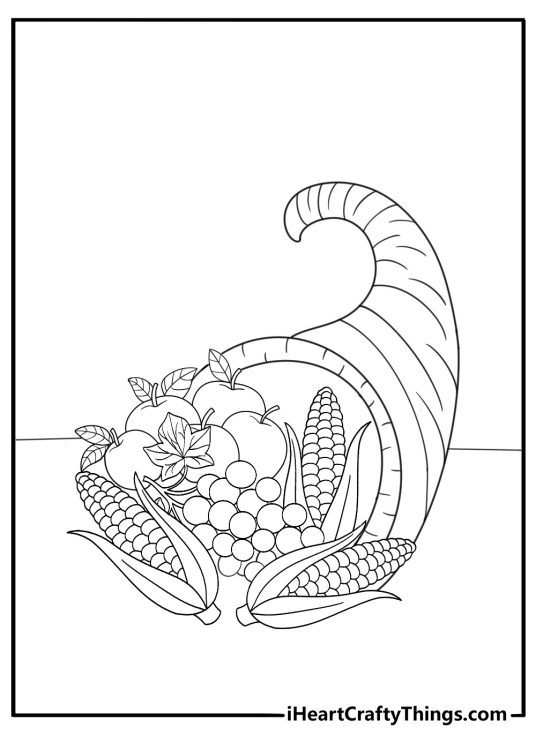 fall harvest basket with apples grapes and corn thanksgiving coloring sheet