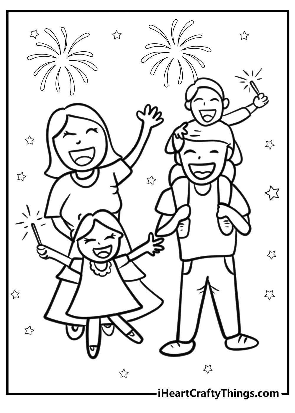 Family celebrating diwali with fireworks free coloring page pdf