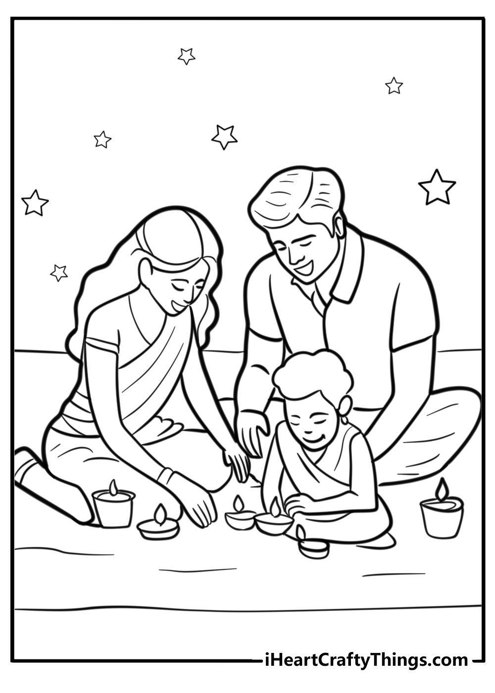 Family lighting diyas on diwali night detailed coloring sheet