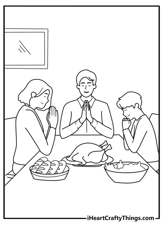 family praying before meal thanksgiving dinner table coloring page