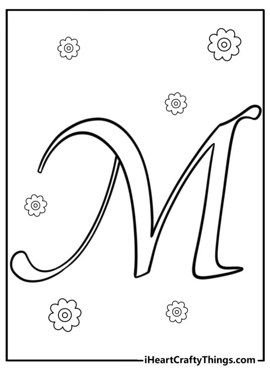 Fancy cursive letter m detailed coloring sheet