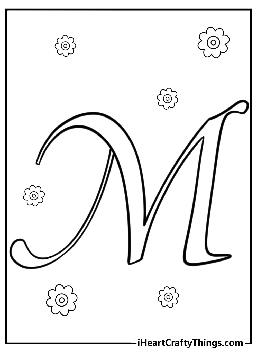 Fancy cursive letter m detailed coloring sheet