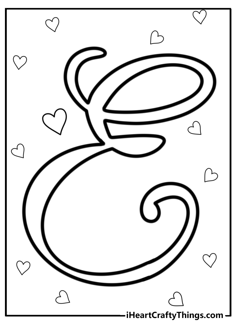 Fancy letter e with hearts detailed coloring sheet