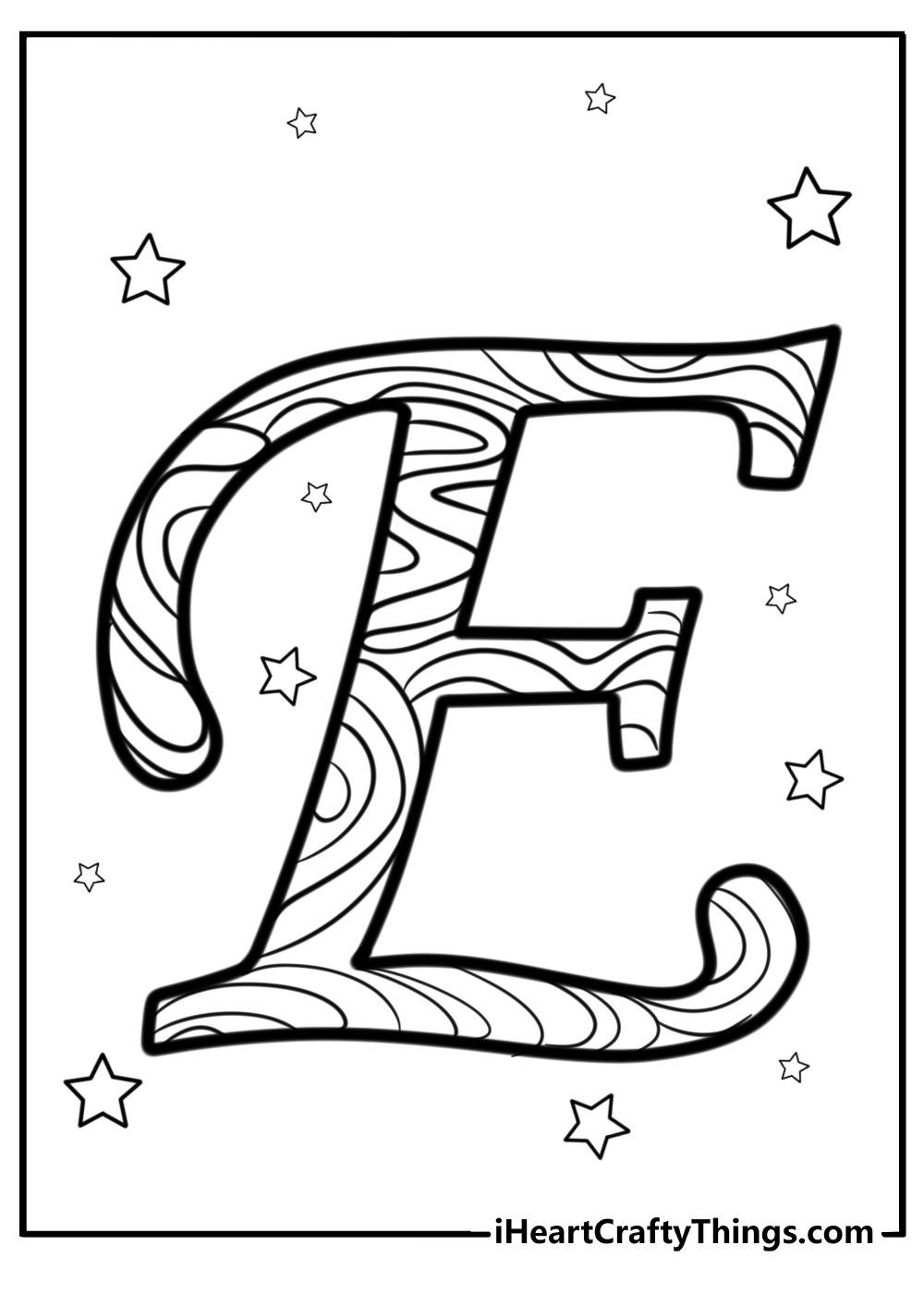 Fancy letter e with swirls detailed coloring sheet