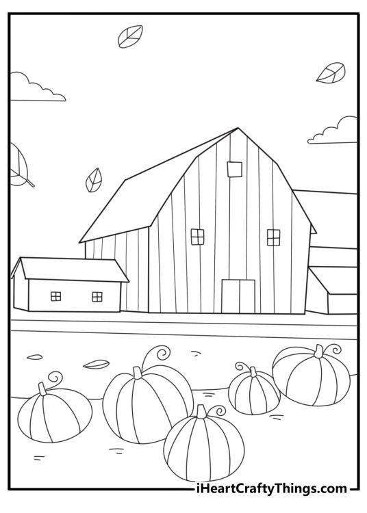 farm landscape with barn silo and autumn harvest thanksgiving coloring page