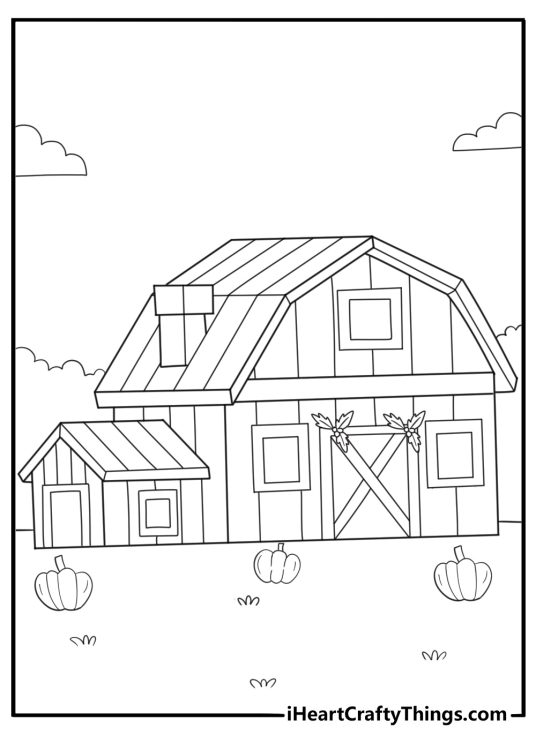 farmhouse with autumn decorations thanksgiving coloring sheet