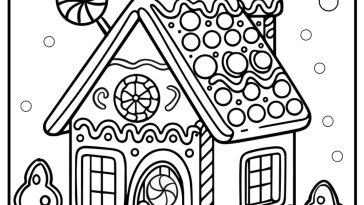 Festive gingerbread house with icing roof coloring page