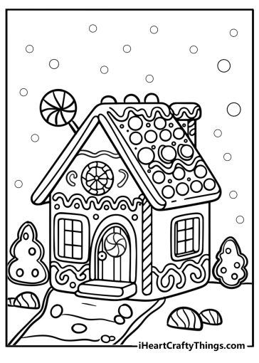 Festive gingerbread house with icing roof coloring page