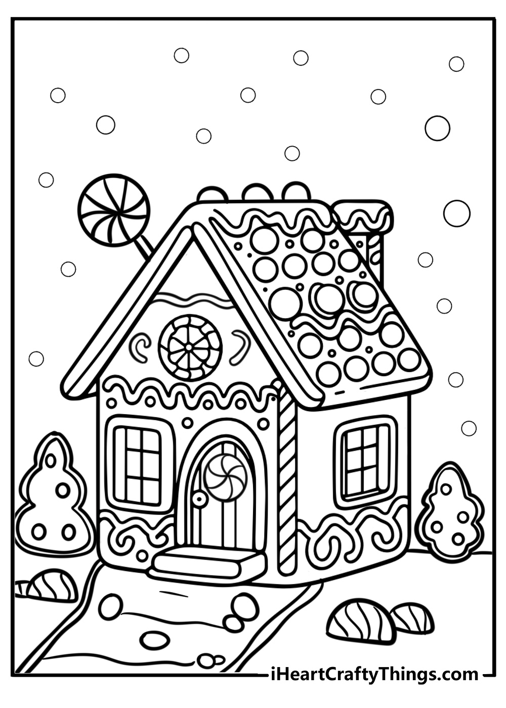 Festive gingerbread house with icing roof coloring page