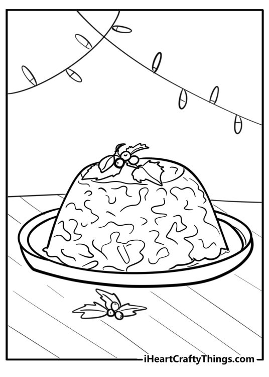 Christmas-themed drawing featuring figgy pudding on the table with some garlands hanging above it