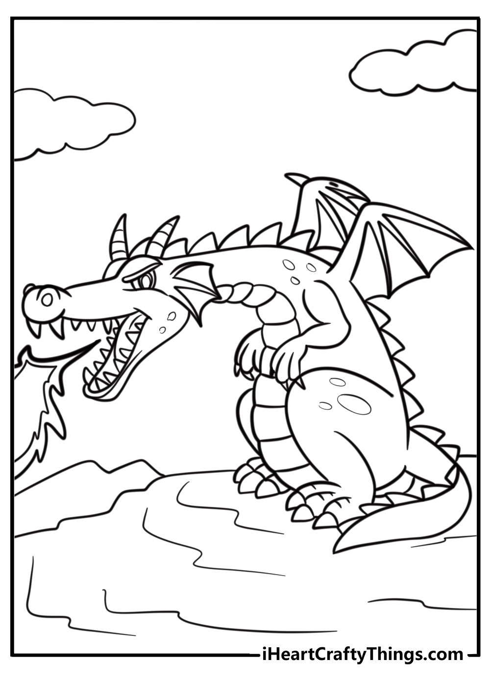 Fire dragon in a battle stance printable coloring sheet