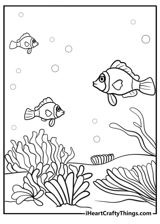 Fish swimming among corals coloring page for kids