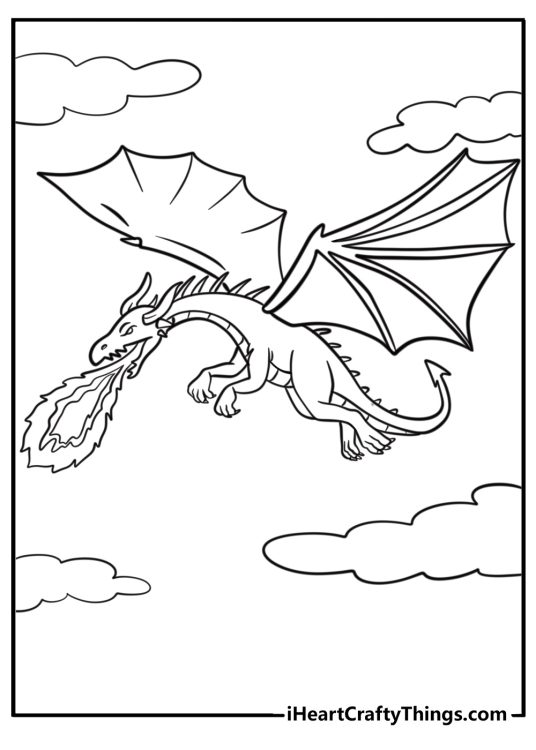 Flying dragon breathing fire coloring page for kids