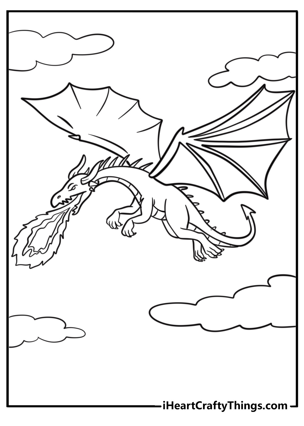 Flying dragon breathing fire coloring page for kids