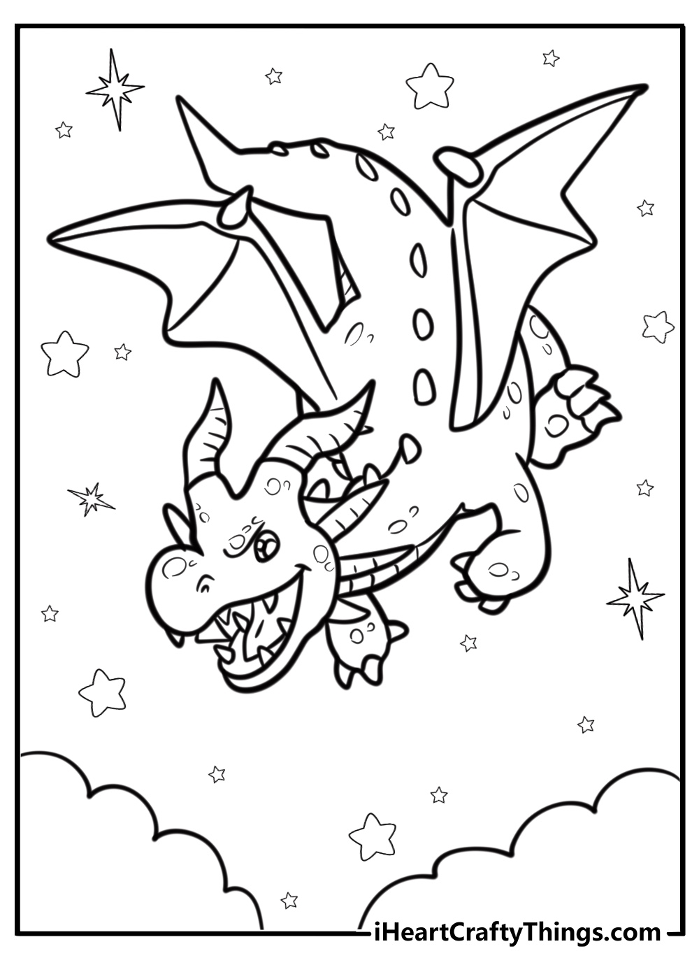 Flying dragon in a magical sky coloring sheet for kids