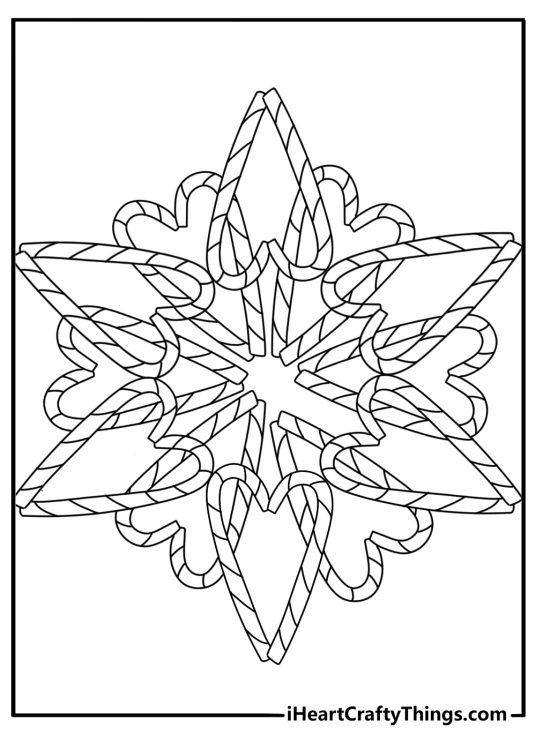 free coloring page featuring candy canes arranged into a large snowflake shape