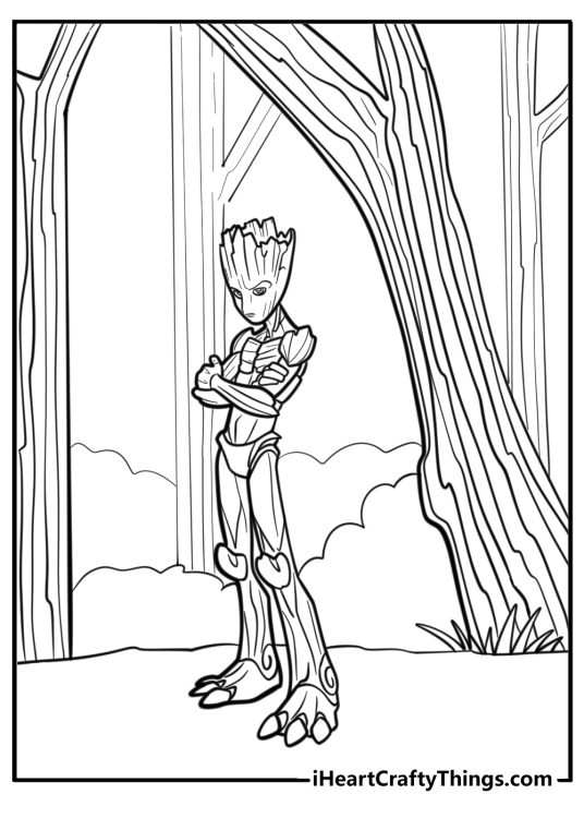 Free groot standing in the forest coloring page