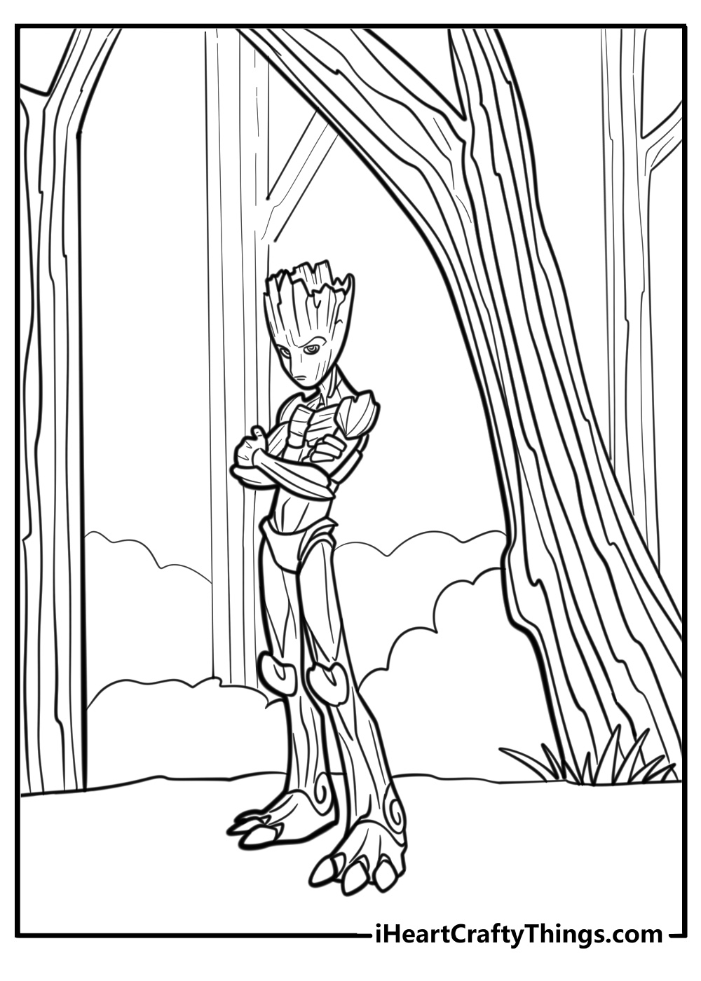 Free groot standing in the forest coloring page