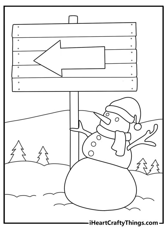 free snowman coloring sheet snowman next to a wooden signpost with directions