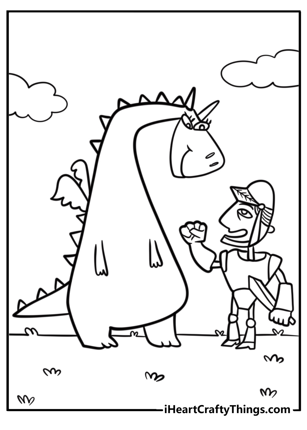 Friendly dragon with a knight coloring sheet for kids