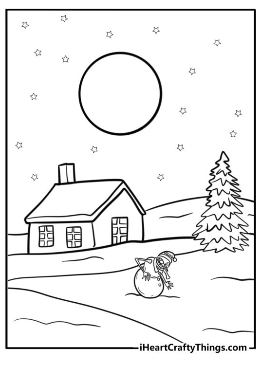 Christmas-themed page depicting a village house with Christmas tree and snowman next to it on a frosty night