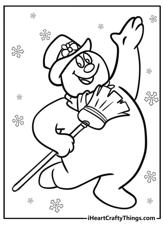 Christmas-themed printable presenting happy-looking cartoony snowman surrounded by stars