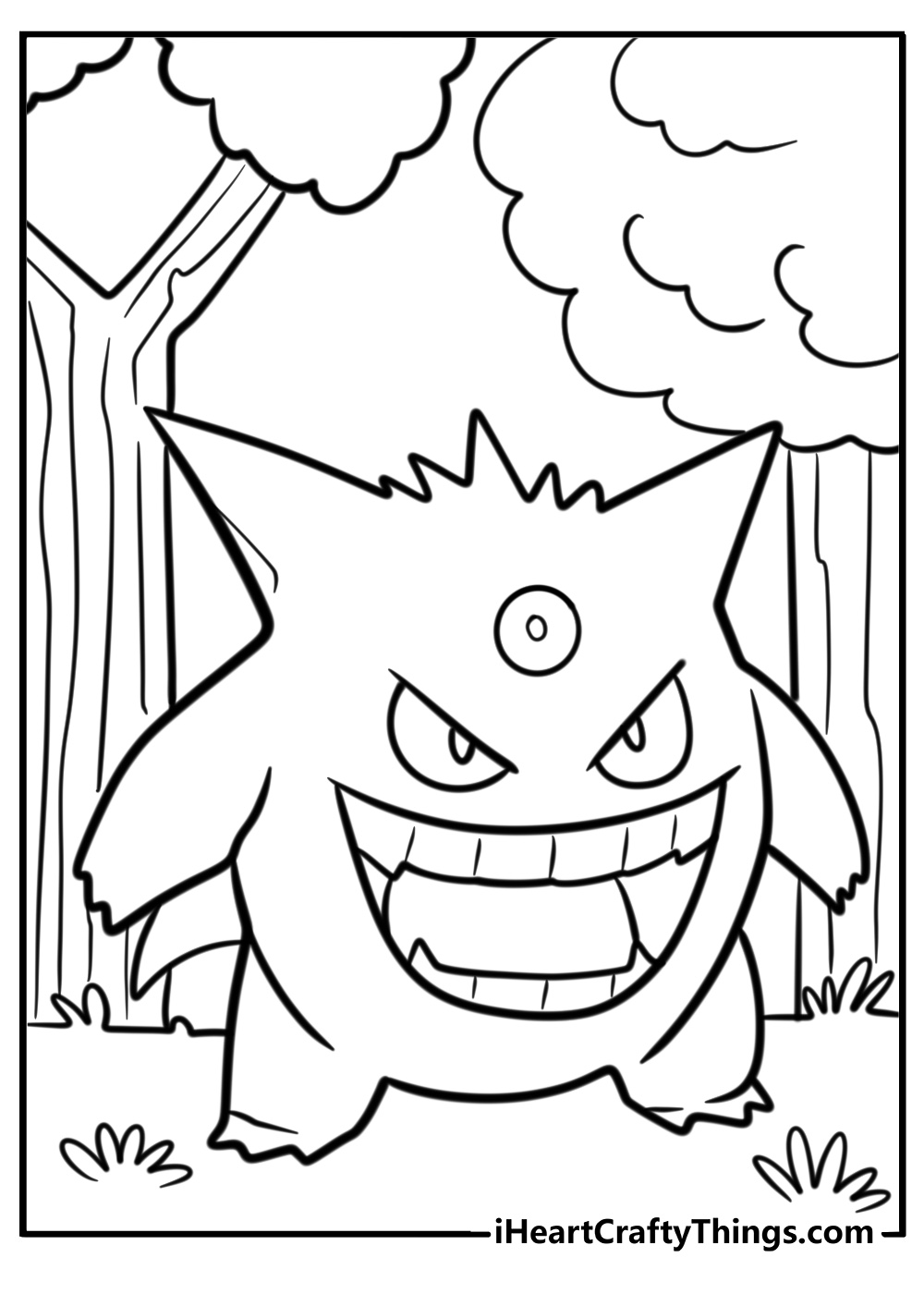 Gengar in a dark forest fun coloring sheet