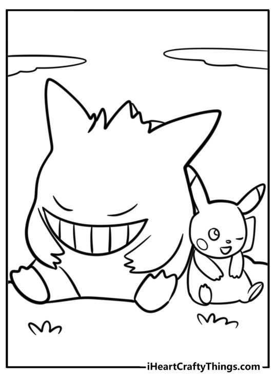 Gengar next to pikachu coloring page for kids
