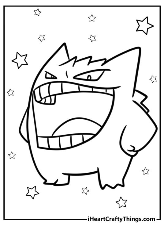 Gengar surrounded by stars detailed coloring sheet