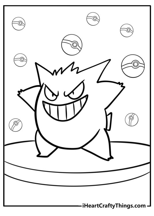 Gengar with poke balls detailed coloring sheet