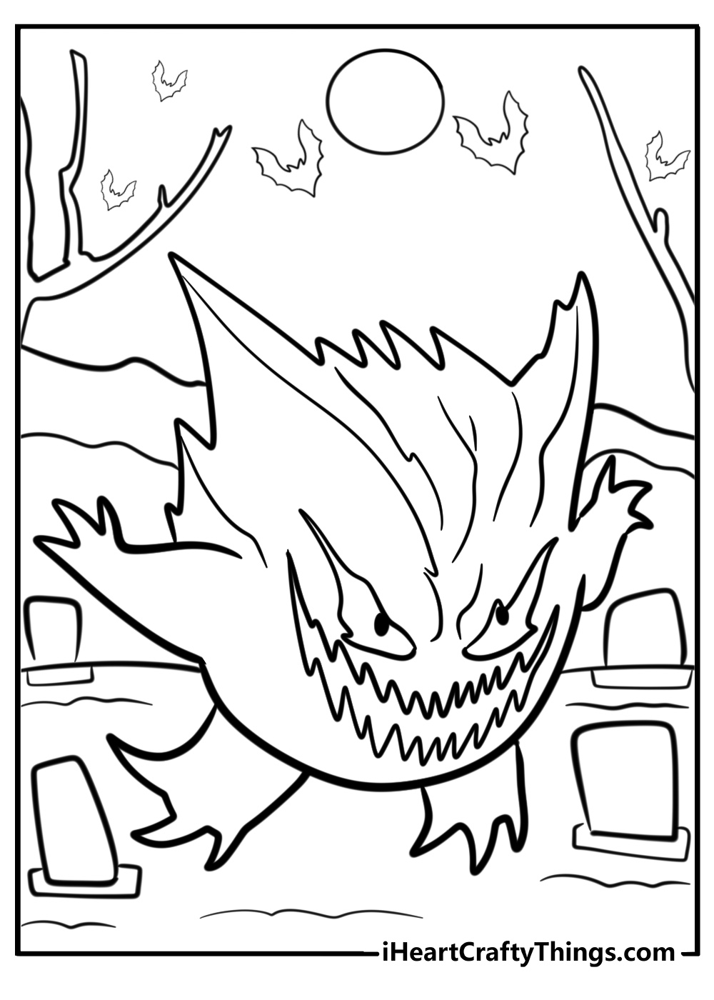 Gengar with spooky background free printable coloring page