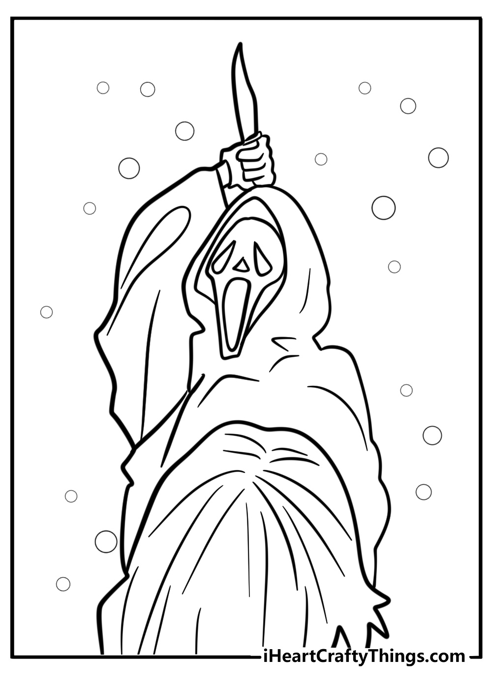 Ghostface chasing a victim free printable coloring page