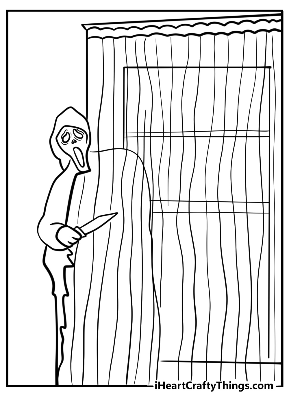 Ghostface hiding behind a curtain free coloring page pdf