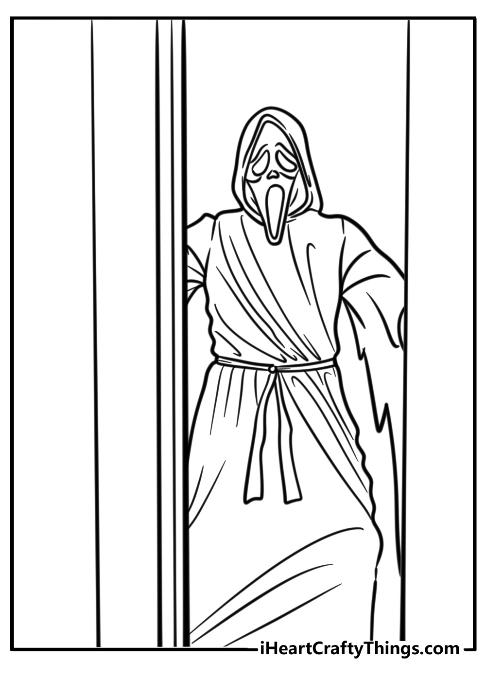 Ghostface hiding behind a door free coloring page pdf